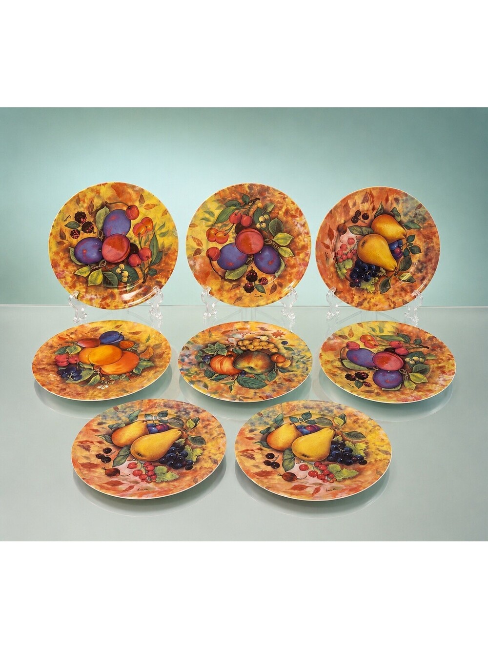 Godinger Email de Limoges 1980s 8 Fruit Salad Plates Hand Painted Marino, 7.5”
